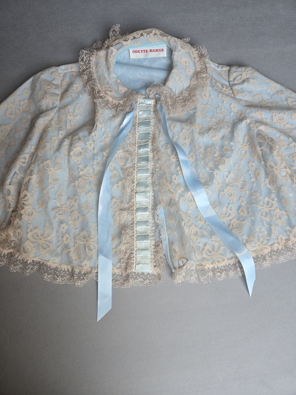 Odette Barsa Vintage Light Blue Lace Bolero Shrug Short Cape Ribbon Tie 17x20